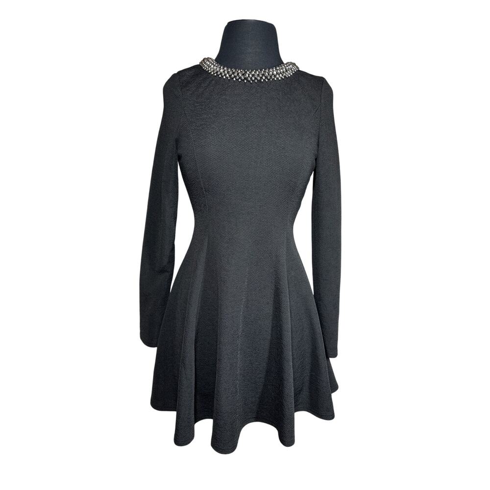 Guess Long Sleeve Mini Dress Flare Skater Silhouette Black Embellished Neck Sz S